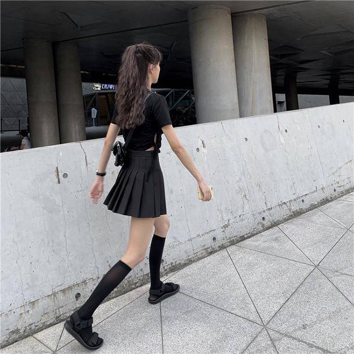 Women High Waist Thin Pleated Skirt School Uniforms Anti-lightening Solid Color Mini A-line Skirt
