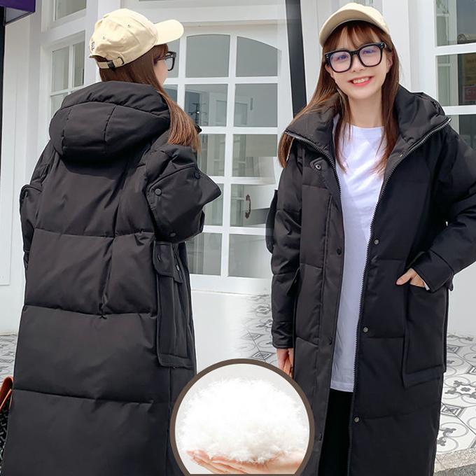 Down Jacket Women's Hooded Stand-up Collar Mid-length White Duck Down Winter Loose Thickening Light Cotton Winter Thick Coat