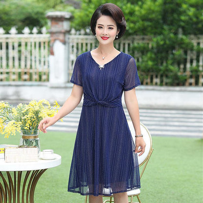 XL-XXXXXL Women's Summer Dress Middle-aged Mother Chiffon Veil Short Sleeve V-Neck Printing Mid-length Daily Wear