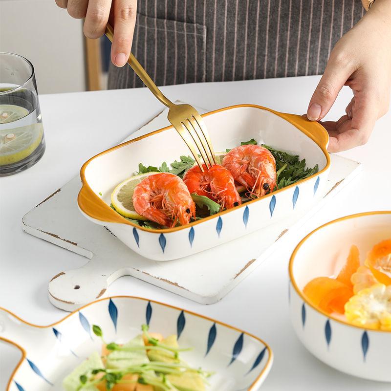 Japanese-style Hand-painted Handle Plate Bowl Creative Net Celebrity Baking Baked Rice Binaural Baking Tray Oven Special Ceramic Tableware Set