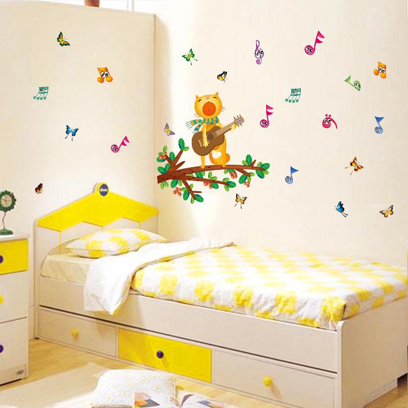 Cartoon wall stickers cat playing guitar kindergarten bedroom wall decoration painting stickers