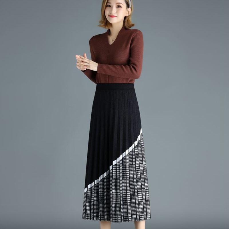 Women's Knitted Skirt Autumn and Winter Thick Retro Knit A-line Skirt High Waist Long Knitted Pleated Skirt Thousand Island Grid Stitching