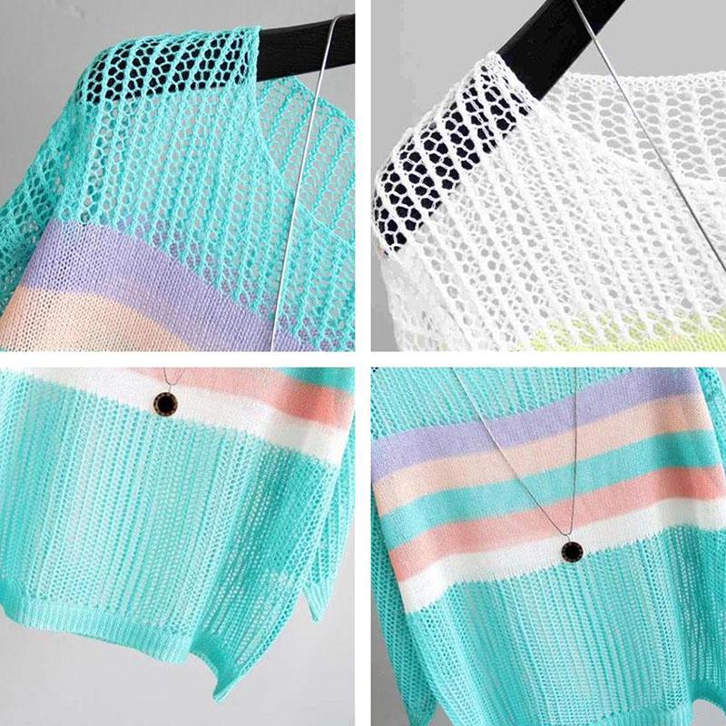 Women's Spring Summer Loose Thin Pullover Sweater Female Chic Contrast Color Striped Hollow Knitted Sunscreen Blouse Tops