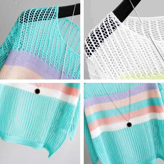 Women's Spring Summer Loose Thin Pullover Sweater Female Chic Contrast Color Striped Hollow Knitted Sunscreen Blouse Tops