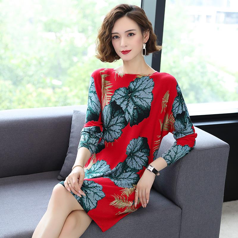 Floral Print  Knit Dress Women Long Sweaters Casual Long Sleeve Loose Pullover Soft Jumper Autumn Winter Knitted Sweaters Dress
