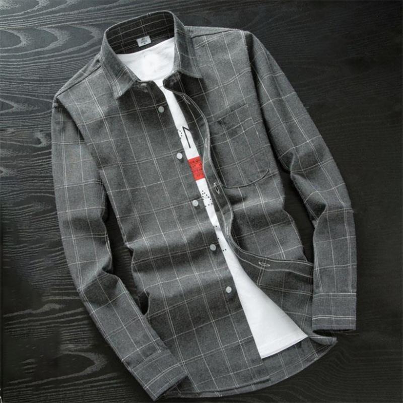 Autumn Long-sleeved Plaid Shirt Men's Slim Fit Striped Shirt Trendy Men's Shirt Jacket