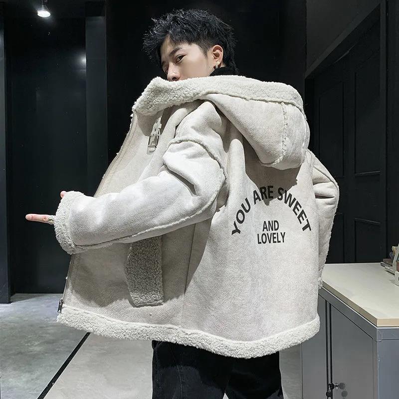Men's Hooded Plus Velvet Padded Coat Trendy Loose Deerskin Fleece Jacket Winter Jacket