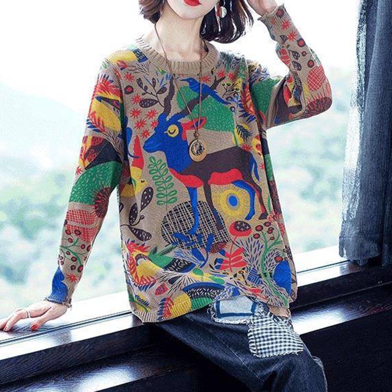 Oversized Women's Pullover Sweater Autumn Winter Loose Printed Knitted Sweater Bottoming or Outer Wear