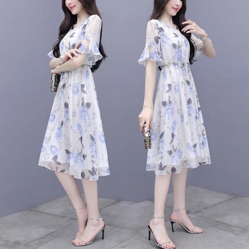 Chiffon Dress Summer Temperament Was Thin, Printed Fairy A-line Mid-length Waist Floral Skirt Round Neck Short-sleeved Ladies Chiffon Dress