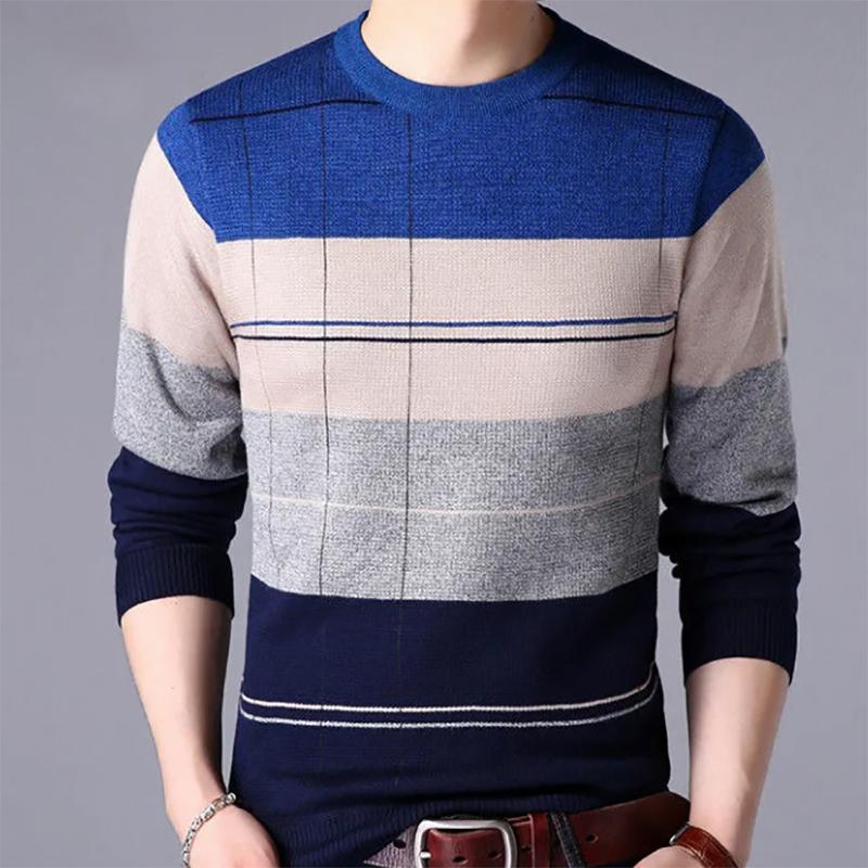 Genuine Men's Sweatshirts Long-sleeved Knit Sweater Plus Velvet Thick Sweater Youth Autumn and Winter Round Neck Stripes