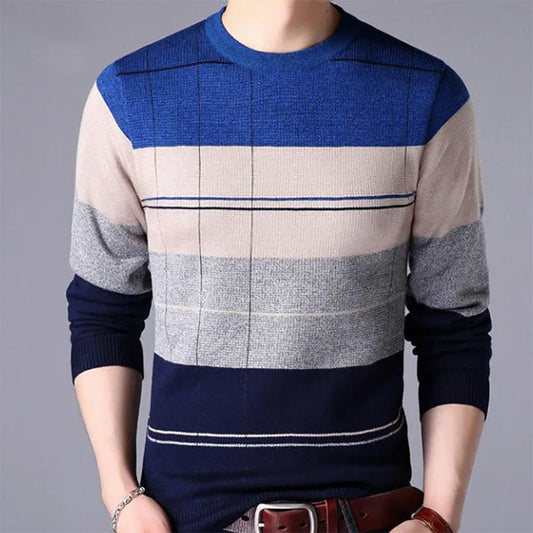 Genuine Men's Sweatshirts Long-sleeved Knit Sweater Plus Velvet Thick Sweater Youth Autumn and Winter Round Neck Stripes