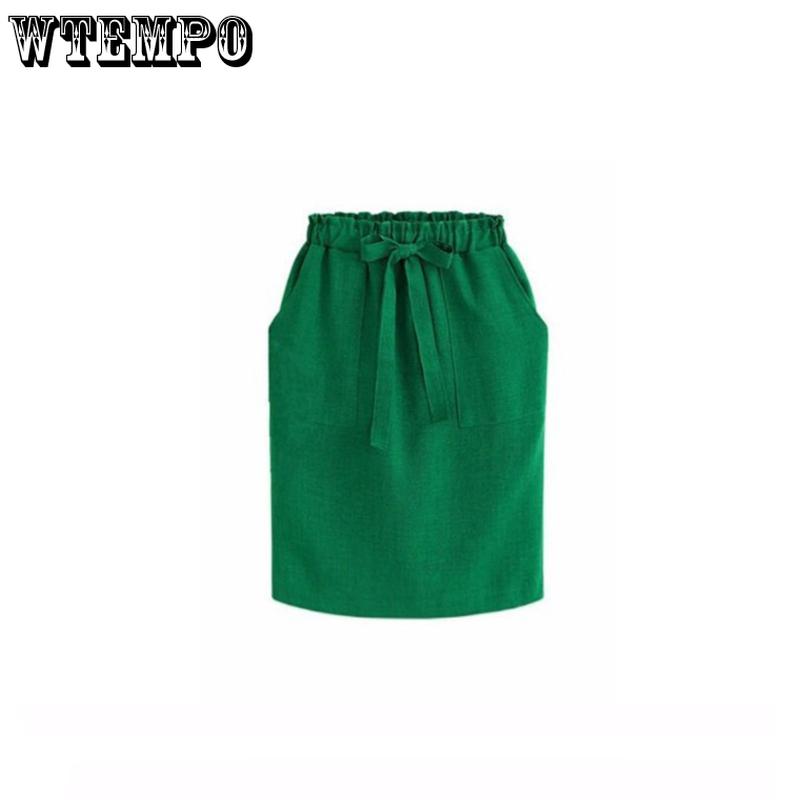 Cotton and Linen Short Skirt Summer Women's Casual High Waist Bow Loose Bag Hip Skirt with Pocket