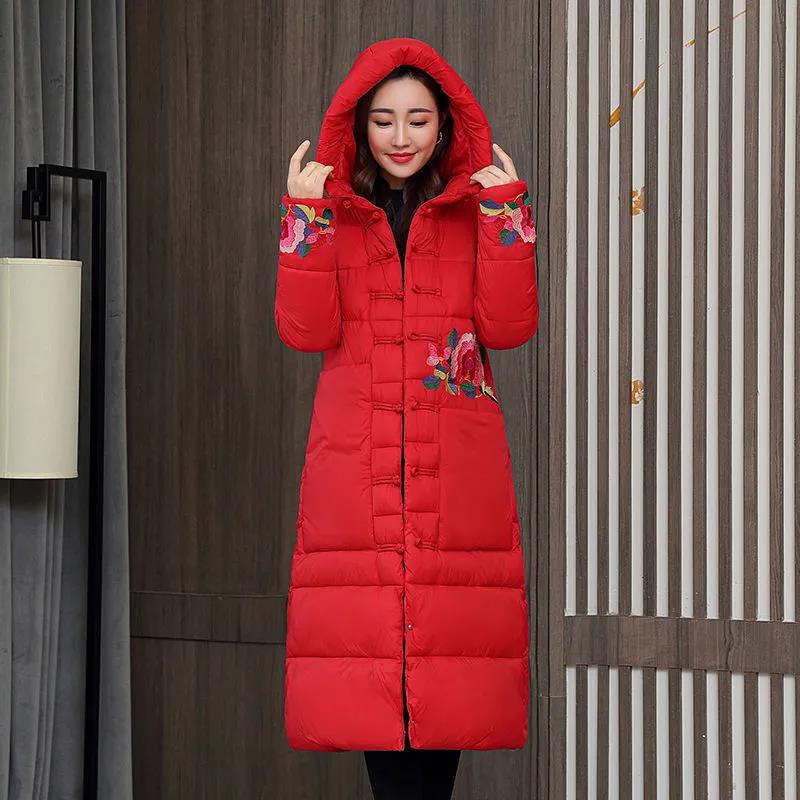 Winter Women's Ethnic Embroidery Down Jacket Mid-length Retro Buckle Hooded Cotton Jacket
