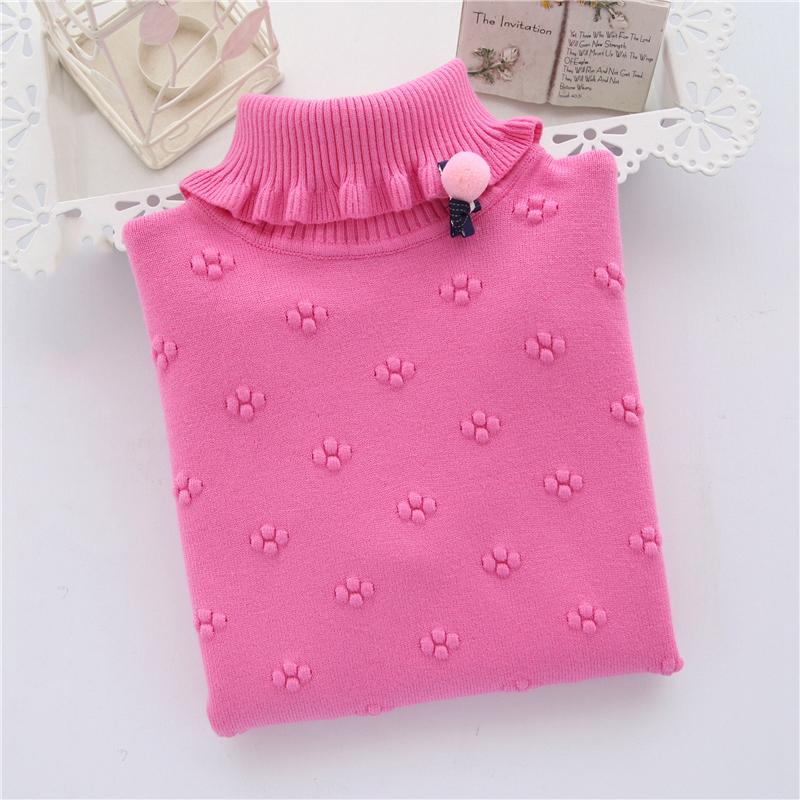 Girl Sweater Plus Velvet Thick Autumn and Winter Solid Color Set High Collar Long-sleeved Big Children's Knitting Shirt