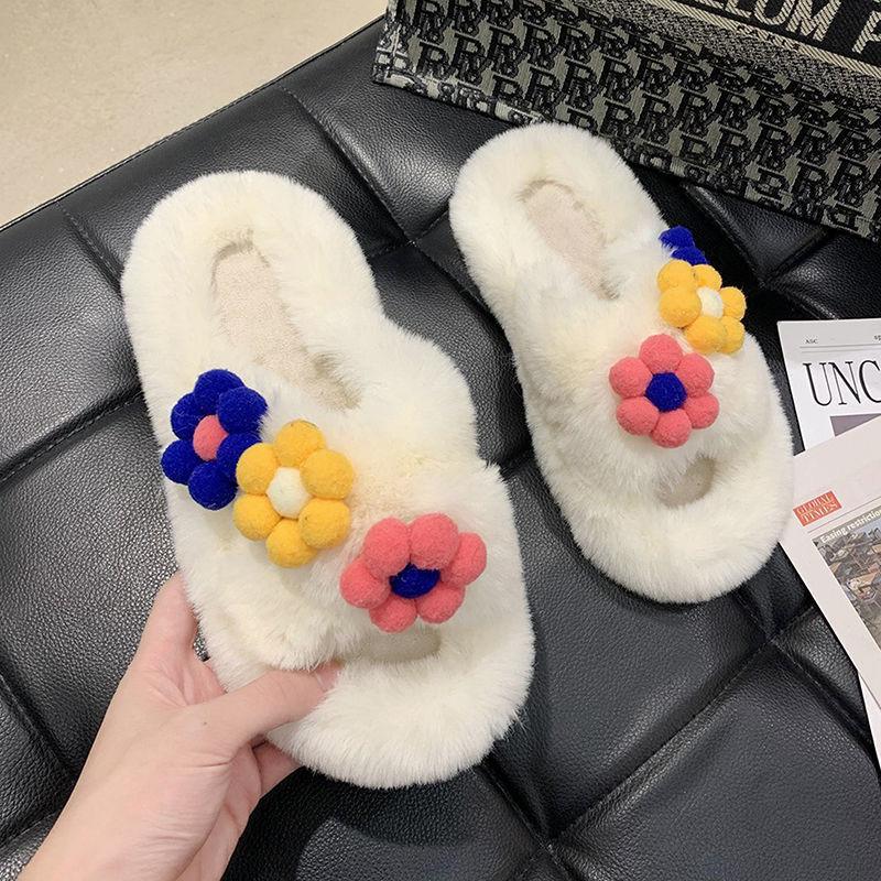 Hairy Slippers Women Winter Warm Comfortable and Cute All-match Flower Cotton Slippers Home Slip-resistant Women's Cotton Slippers