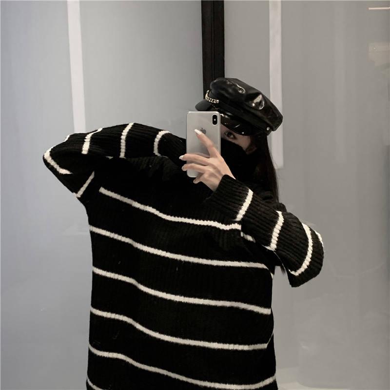 Pofulove Wild Thickened Knit Tide Winter Warm Long Striped Turtleneck Sweater Girl Student Loose