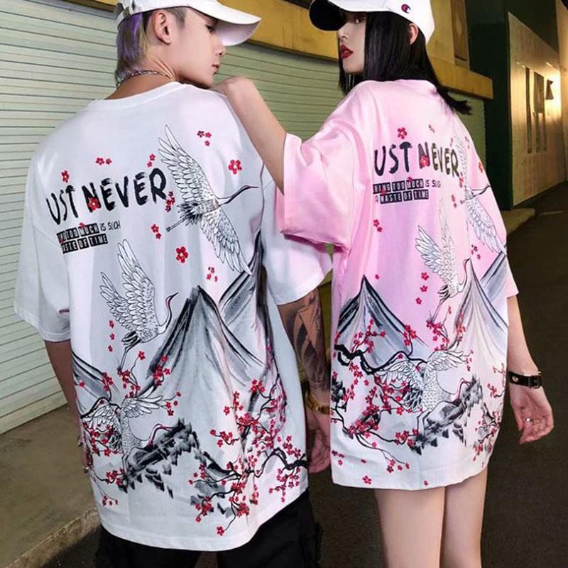 Couples T-shirts Hip Hop Trendy Chinese Style Mountain Bird Print Tees Summer Ladies O-neck Short Sleeve Casual Shirts Men Clothing