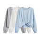Blue Irregular Sweatshirts Women's Spring and Autumn Round Neck Pullover Short Top Design Sense