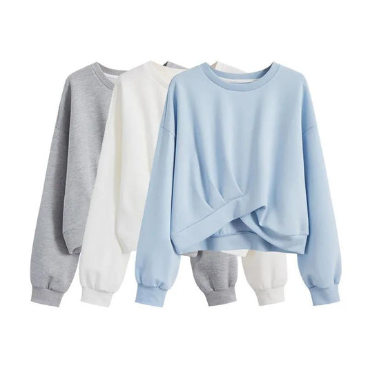 Blue Irregular Sweatshirts Women's Spring and Autumn Round Neck Pullover Short Top Design Sense