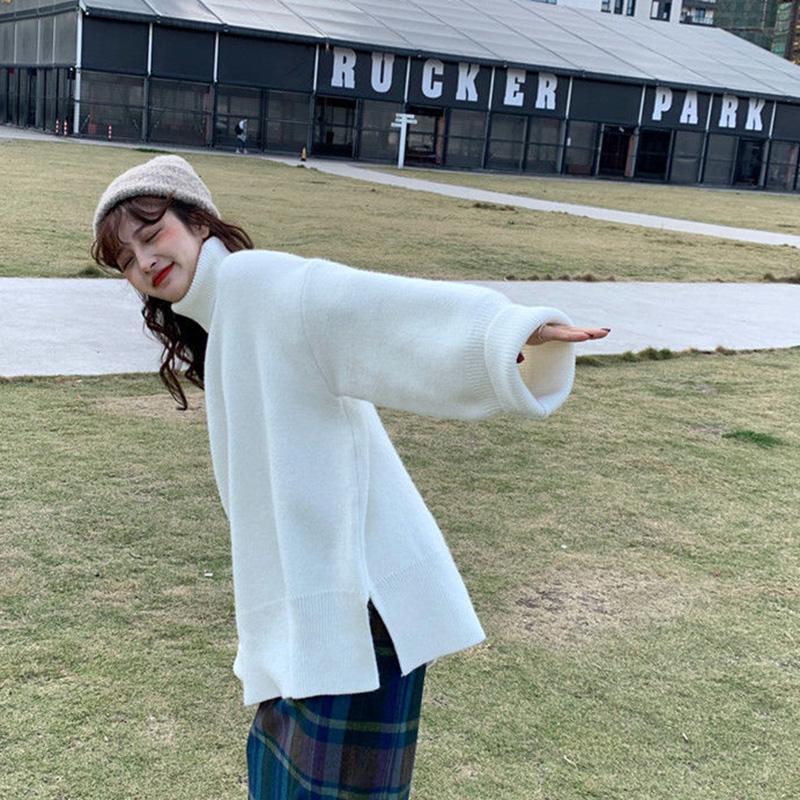 Winter Thick Solid Color Sweater Female Students Korean Turtleneck Pullover Bottoming Shirt Wild Split Stitch Loose Knit Sweater Jacket