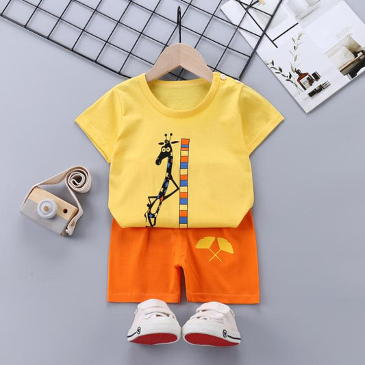 Children's Short Sleeve Suit Korean Style Boys and Girls Set Printing T-shirt + Shorts Two Piece Set
