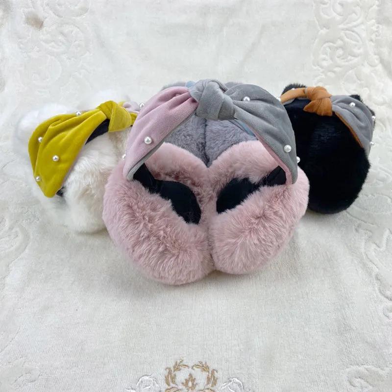 Women's Winter Foldable Earmuffs Pearl Bow Ear Muffs Warm Female Earmuffs Korean Style Two-color Stitching Earwarmers Plush Ear Warmer Pad