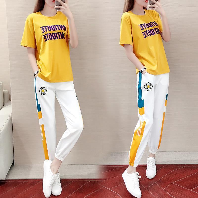 Sports and Leisure Women's Spring and Summer Small Daisy Loose Pants Short-sleeved Two-piece Cute Sports Suit Beautiful and Comfortable
