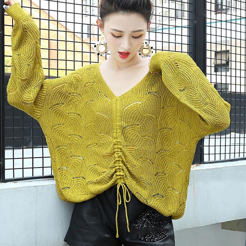 Spring and Autumn Style Hollow Loose Knit Sweater Women V-neck Slim-fit Warm Sweater Long-sleeved Pullover Casual Top