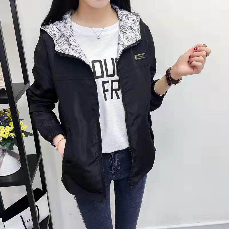 Women's Jacket Spring Summer Pocket Zipper Hooded Two Side Wear Outwear Coat Loose Plus Size Windbreaker Jackets Famale