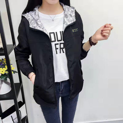 Women's Jacket Spring Summer Pocket Zipper Hooded Two Side Wear Outwear Coat Loose Plus Size Windbreaker Jackets Famale