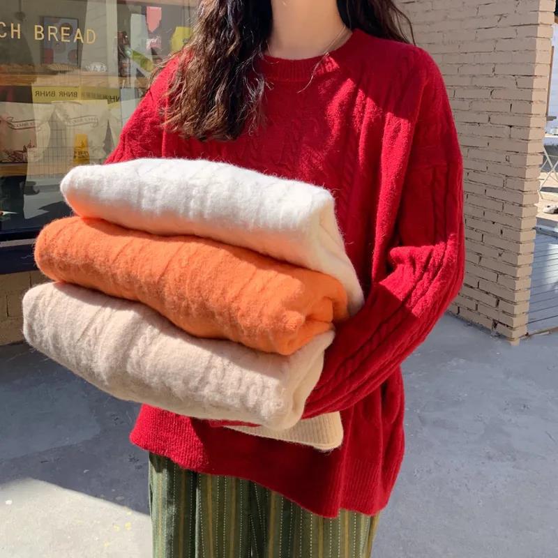 Winter Autumn Acrylic Women's Knitted Sweater Twist Pullover Loose Style Women's Long-sleeved Round Neck