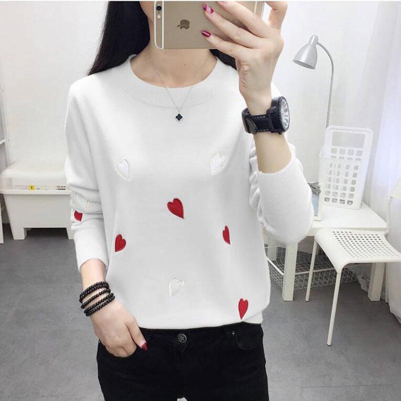 Pofulove Women Knitted Turtleneck Sweater Solid  Embroidered Heart Streetwear Pullovers  Female Tops
