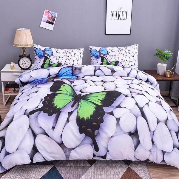 WTEMPO 3D Butterfly Bedding Sets Summer Holiday Style Cobblestone Design Duvet Cover Pillowcase 2/3P
