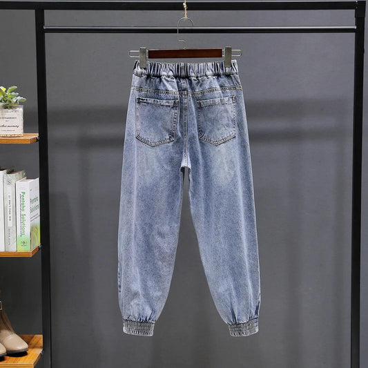 Women's Spring and Autumn Large Size High Waist Jeans Solid Color Loose Straight Casual Harem Pants