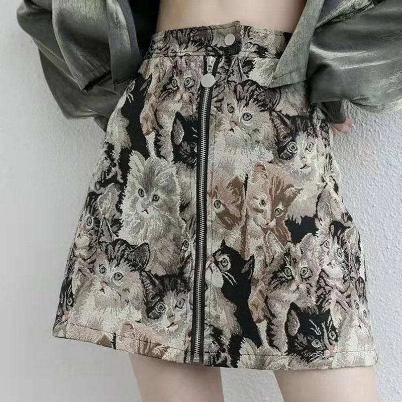 Retro A-line Skirt Jacquard Embroidery Cat Print Mini Skirt Spring Summer Women's High Waist Cool Short Skirt Hip Skirt