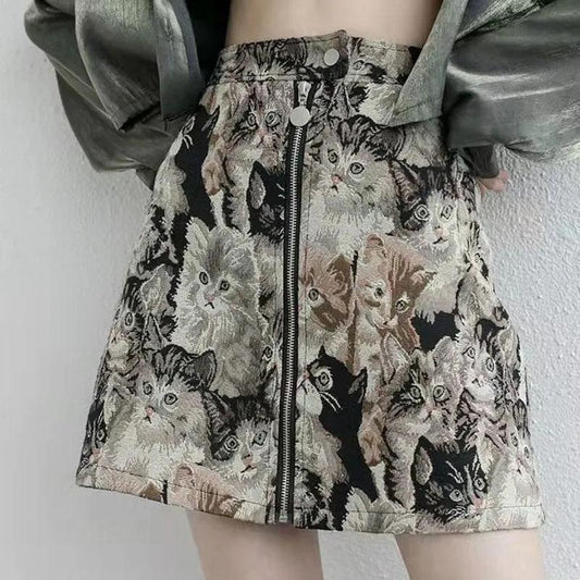Retro A-line Skirt Jacquard Embroidery Cat Print Mini Skirt Spring Summer Women's High Waist Cool Short Skirt Hip Skirt