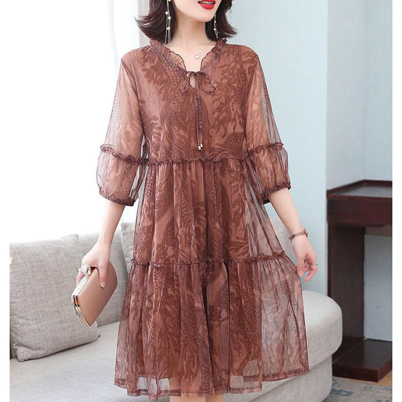 Dress Female Summer Five-point Sleeves Loose Mesh A-line Skirt Light Mature Style Foreign Style Large Size Skirt Summer