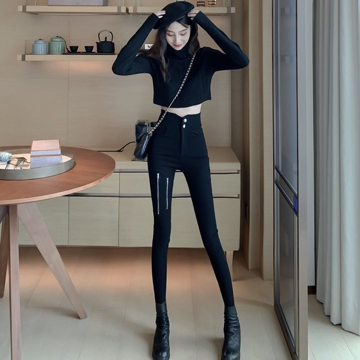 WTEMPO Women's  Black Stretch Trousers Zipper Closure Leggings High Waist Worn Outside Cotton Tight Pants