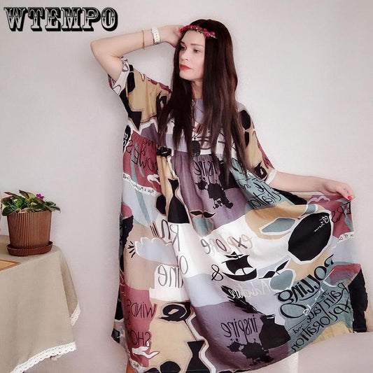 Cotton Plus Size Vintage Floral Women Casual Loose Long Summer Beach Holiday Dress Elegant Clothes Ladies Sundress