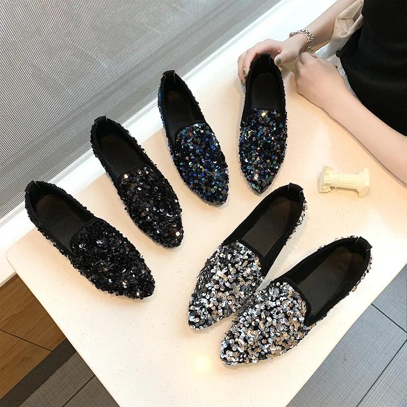 Women's Spring and Summer Pointed Toe Shoes Autumn Low Heel Casual All-match Single Shoes Large Size Soft Bottom Party Sequins Shoes