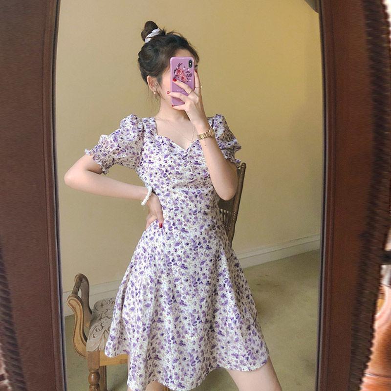 Chiffon Midi Skirt A-line Skirt Retro French Square Collar Puff Sleeves Slit Dress Oil Painting Purple Floral Skirt Elegant Temperament