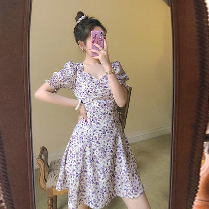 Chiffon Midi Skirt A-line Skirt Retro French Square Collar Puff Sleeves Slit Dress Oil Painting Purple Floral Skirt Elegant Temperament
