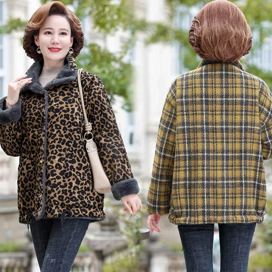Mother's Autumn and Winter Clothes Plus Velvet Thick Padded Jacket Plaid Cotton Clothes Middle-aged and Elderly Women's Stand-up Collar