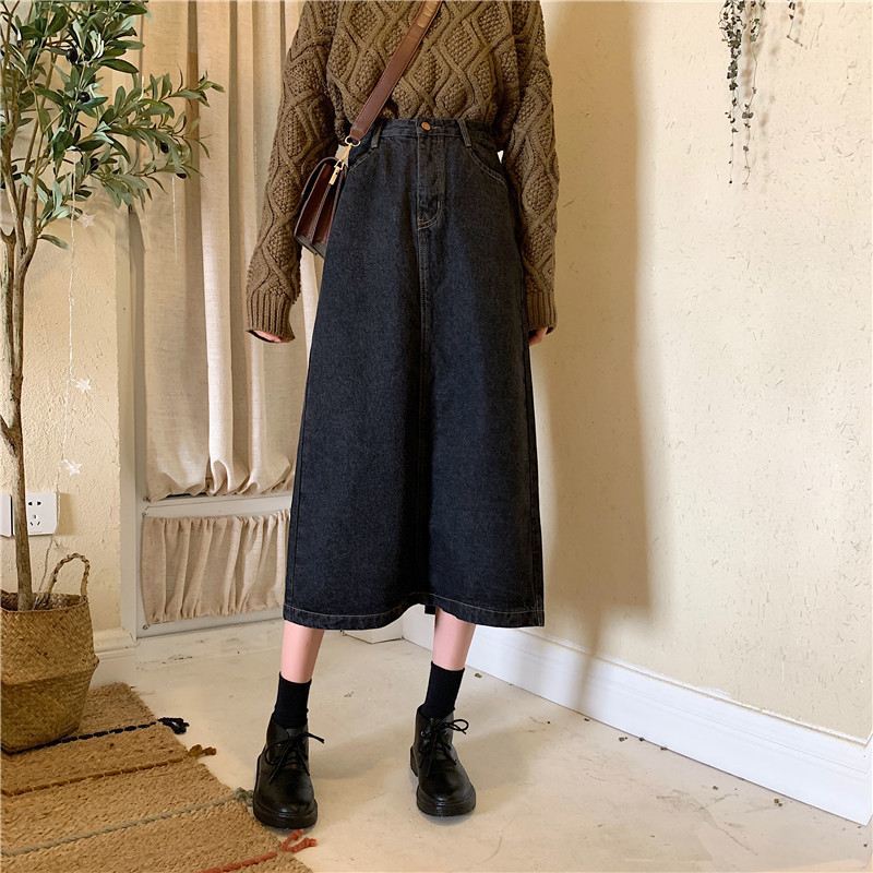 Women Sexy Sweet Solid Denim Skirt High Waist Over The Knee Hip Skirt Casual Club Home Office
