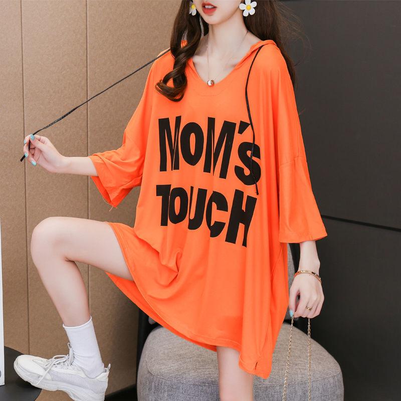 Mid-length Summer Dress Hooded Women Girl Loose V-Neck Casual Long T-shirt Dress Big Loose Home Comfort Outer Convenient