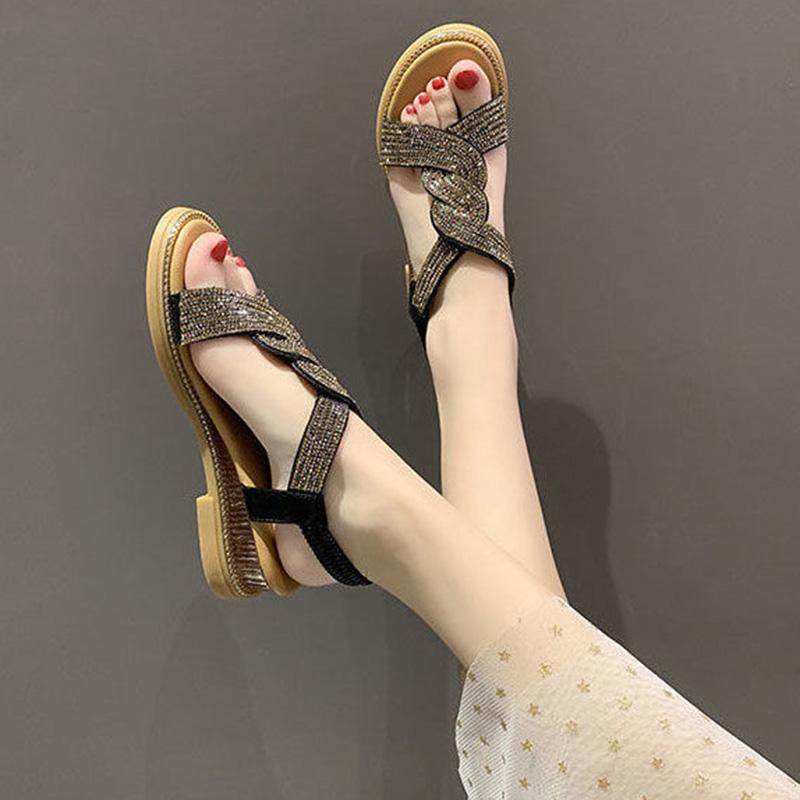 Wedge Sandals Women's Shoes Summer Soft Leather Rhinestones Comfortable Soft Bottom Low-heeled All-match Women's Flat Shoes