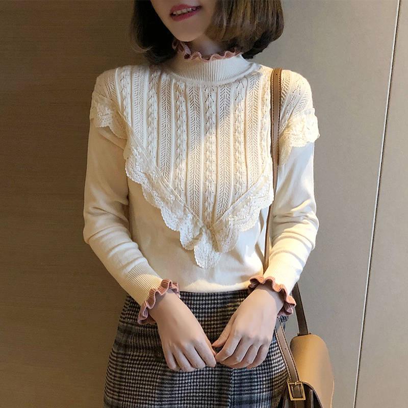 Pofulove Girly Ruffles Neck V-shaped Lace Knitwear Skin-friendly High Elastic Lady Jumper Sweater