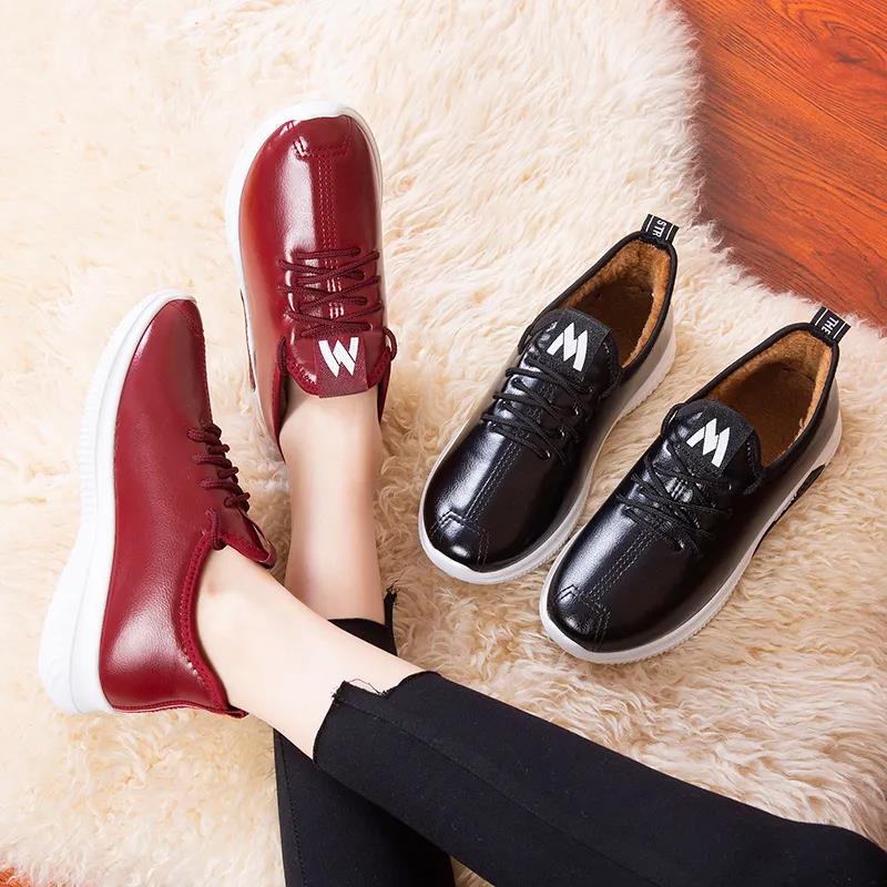 Cotton Shoes Women's Winter Leather Waterproof Short Boots Plus Velvet Thick Flat Bottom Non-slip Warm Small Leather Shoes