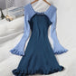 Sweet Wood Ear Knitted Skirt Autumn Stitching Contrast Color Exposed Clavicle Dress