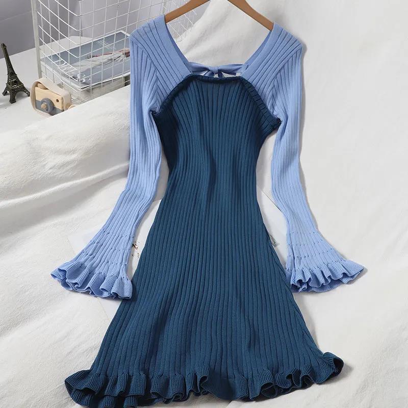 Sweet Wood Ear Knitted Skirt Autumn Stitching Contrast Color Exposed Clavicle Dress